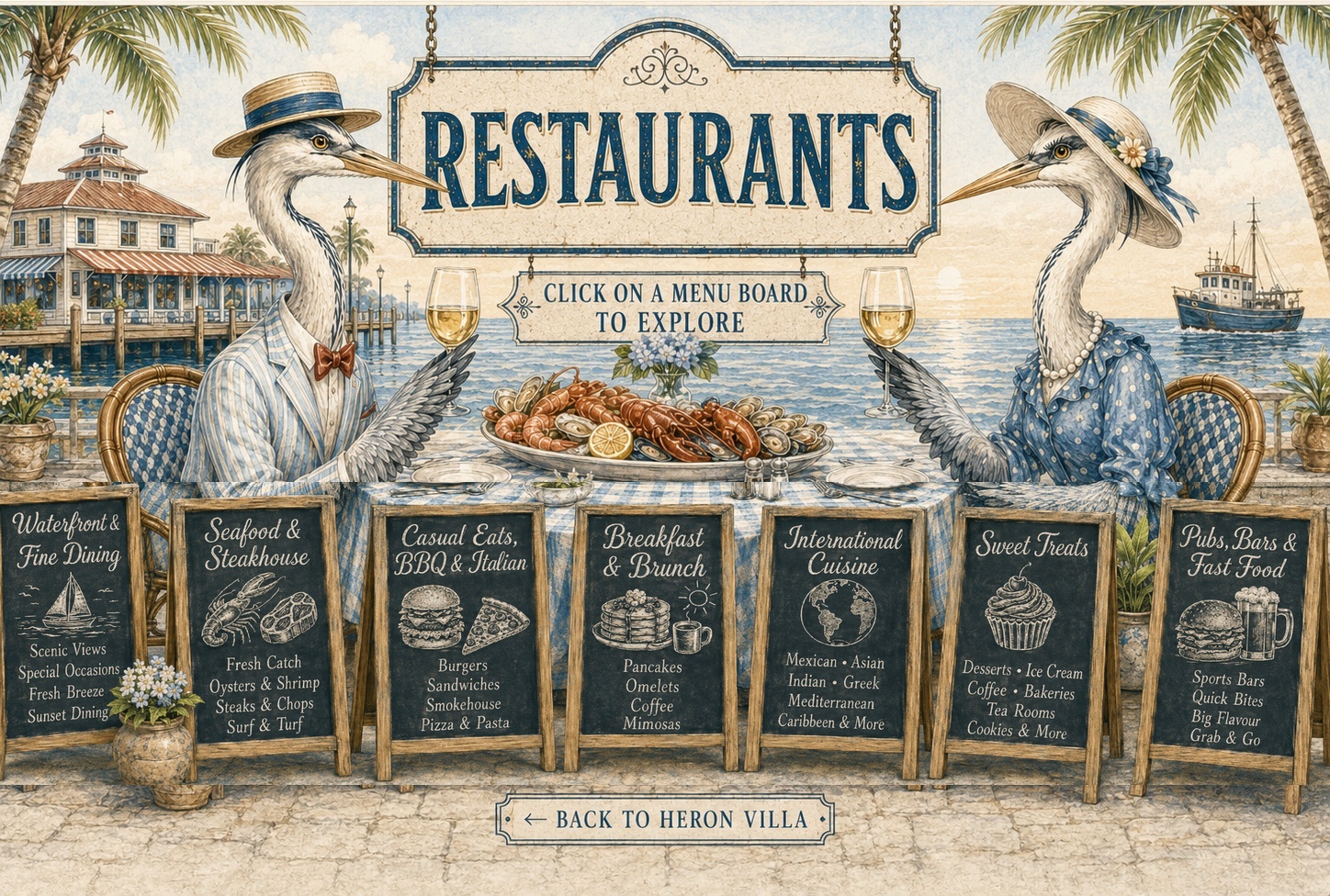Heron Villa Restaurants. Seven chalkboards cover all restaurant dining groups.
