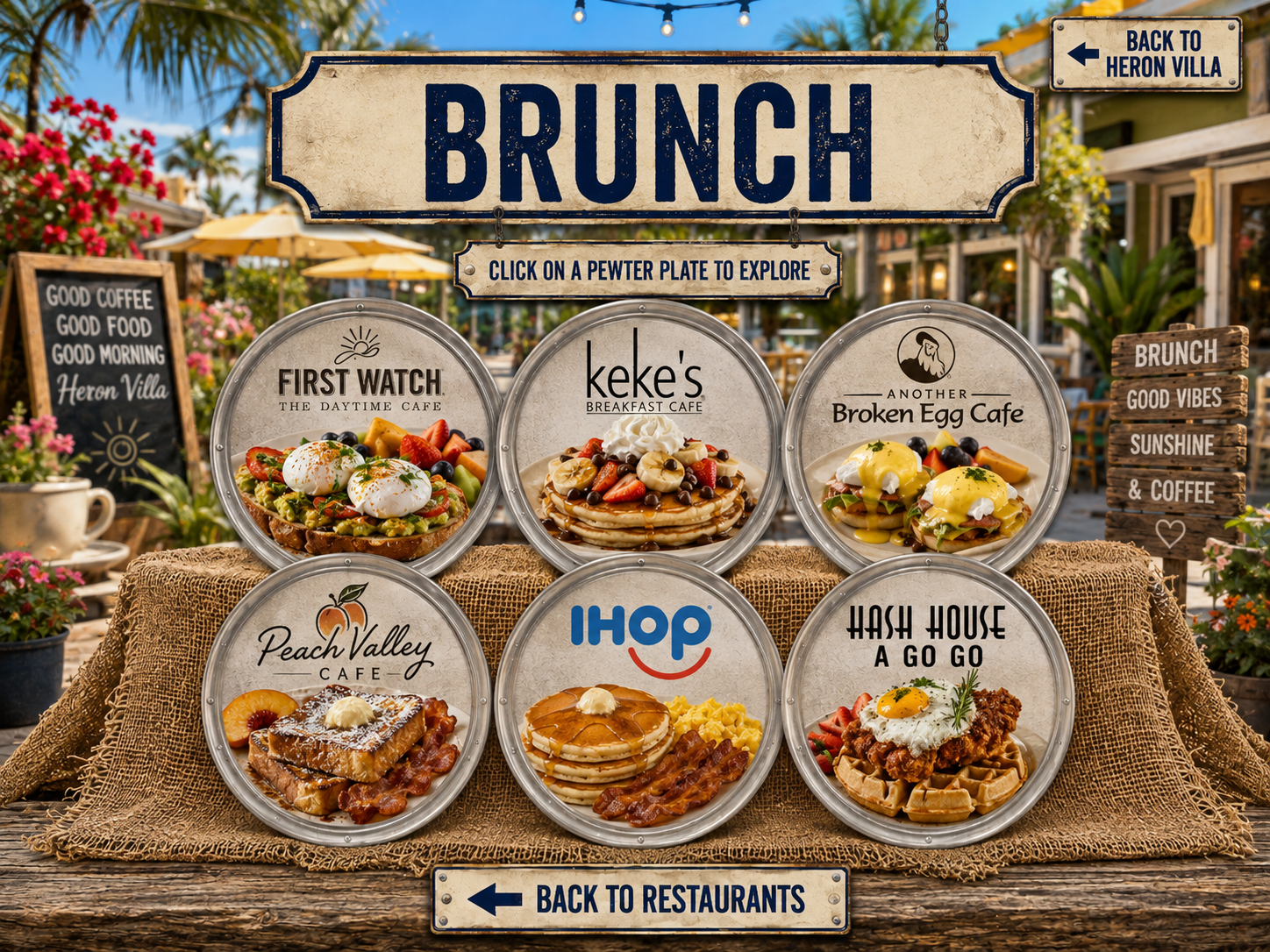 Brunch with six featured restaurant pewter plates on hessian