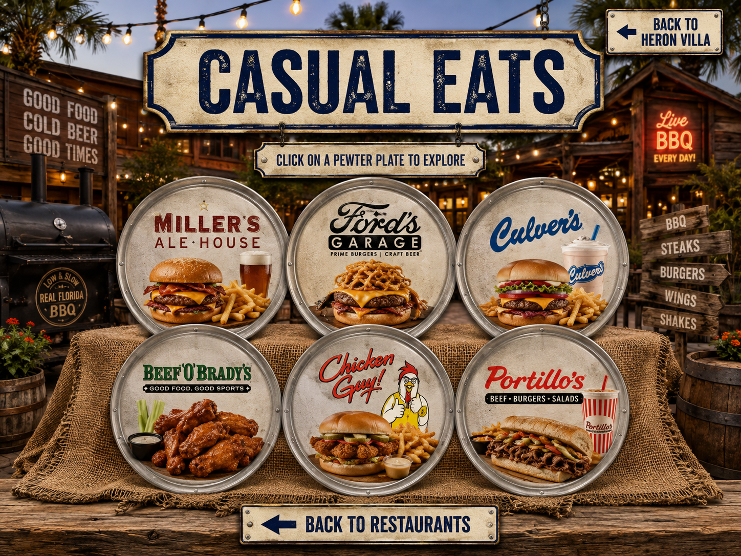 Casual Eats with six featured restaurant pewter plates on hessian