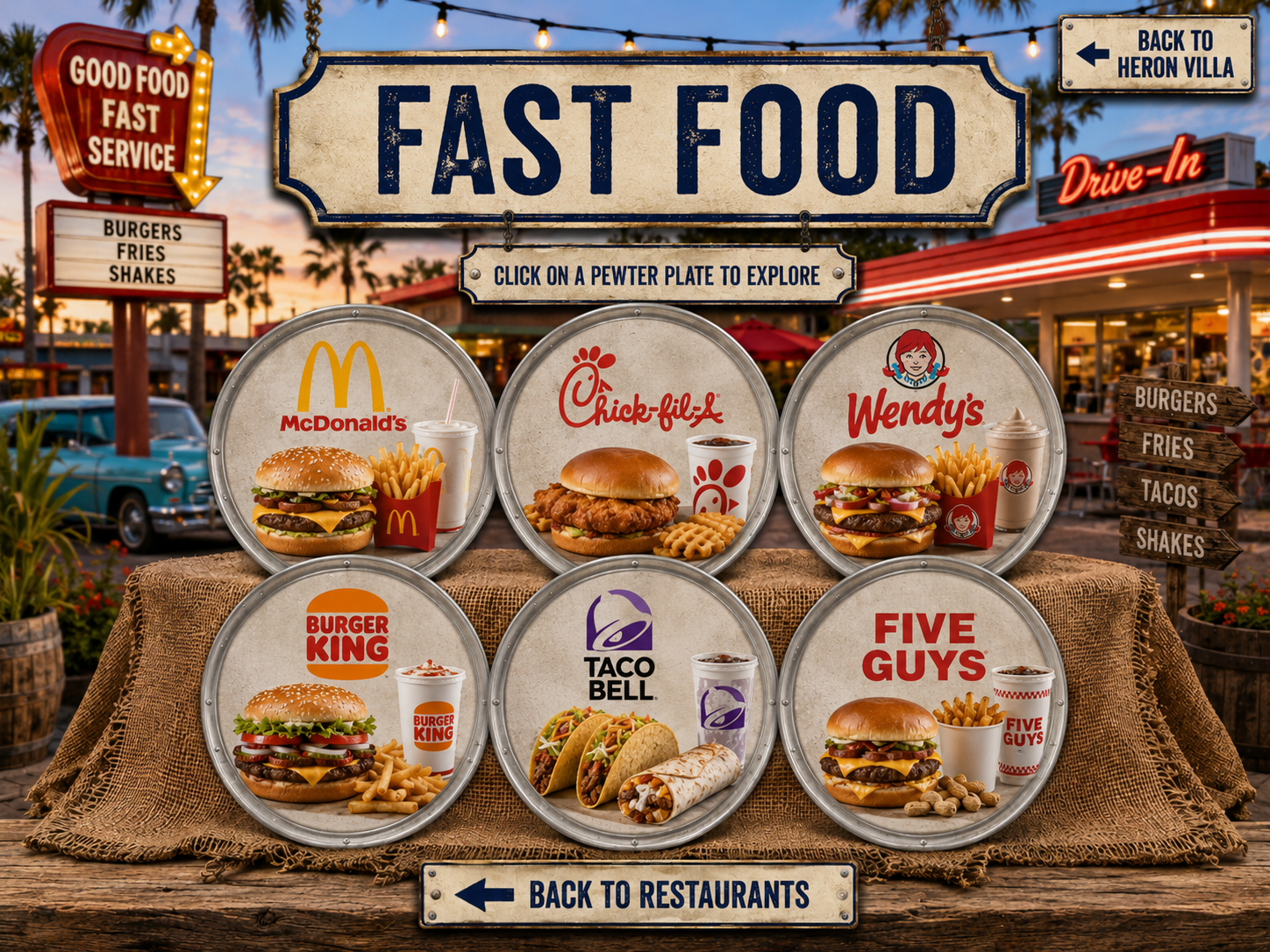 Fast Food with six featured restaurant pewter plates on hessian
