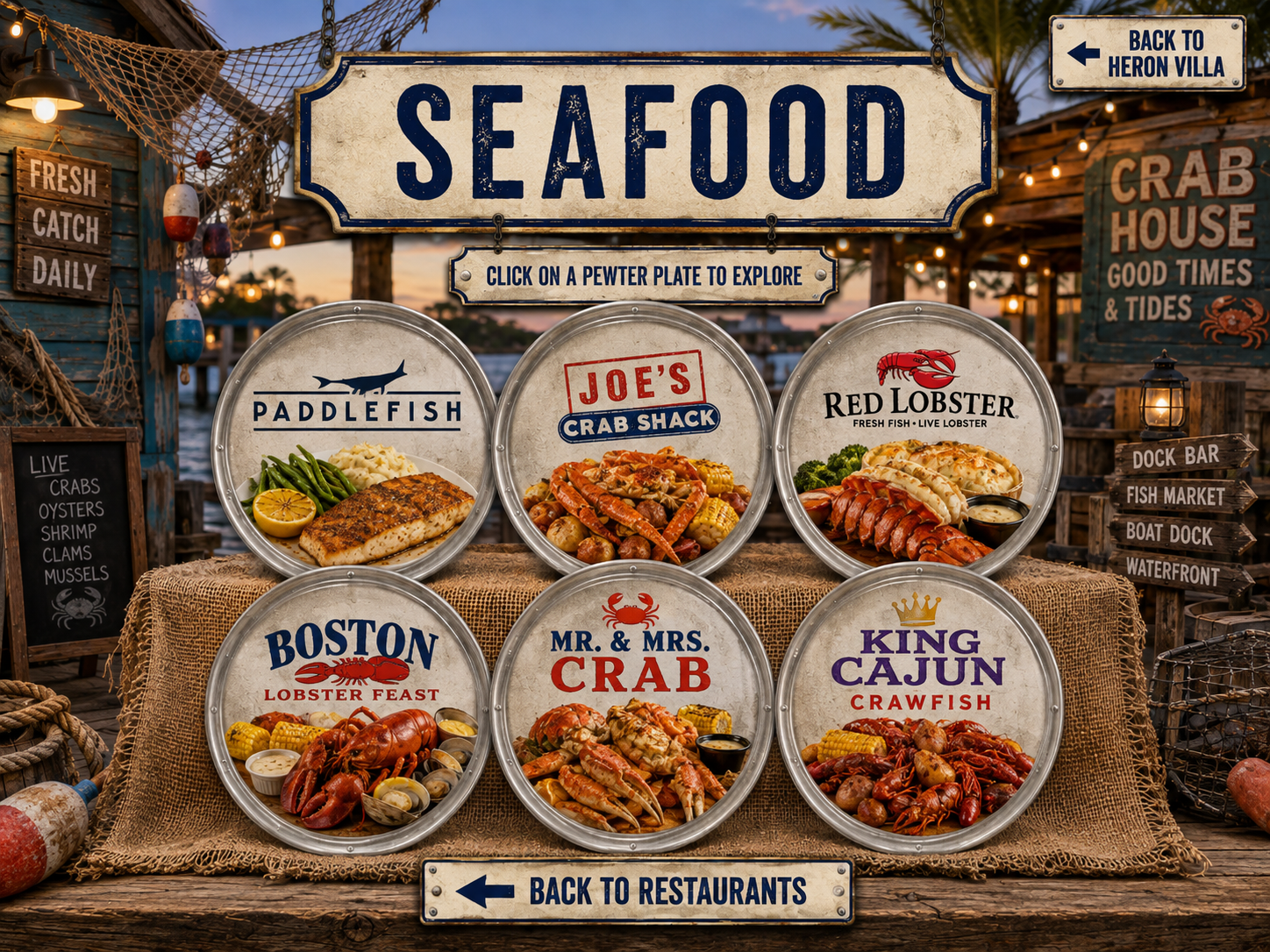 Seafood with six featured restaurant pewter plates on hessian