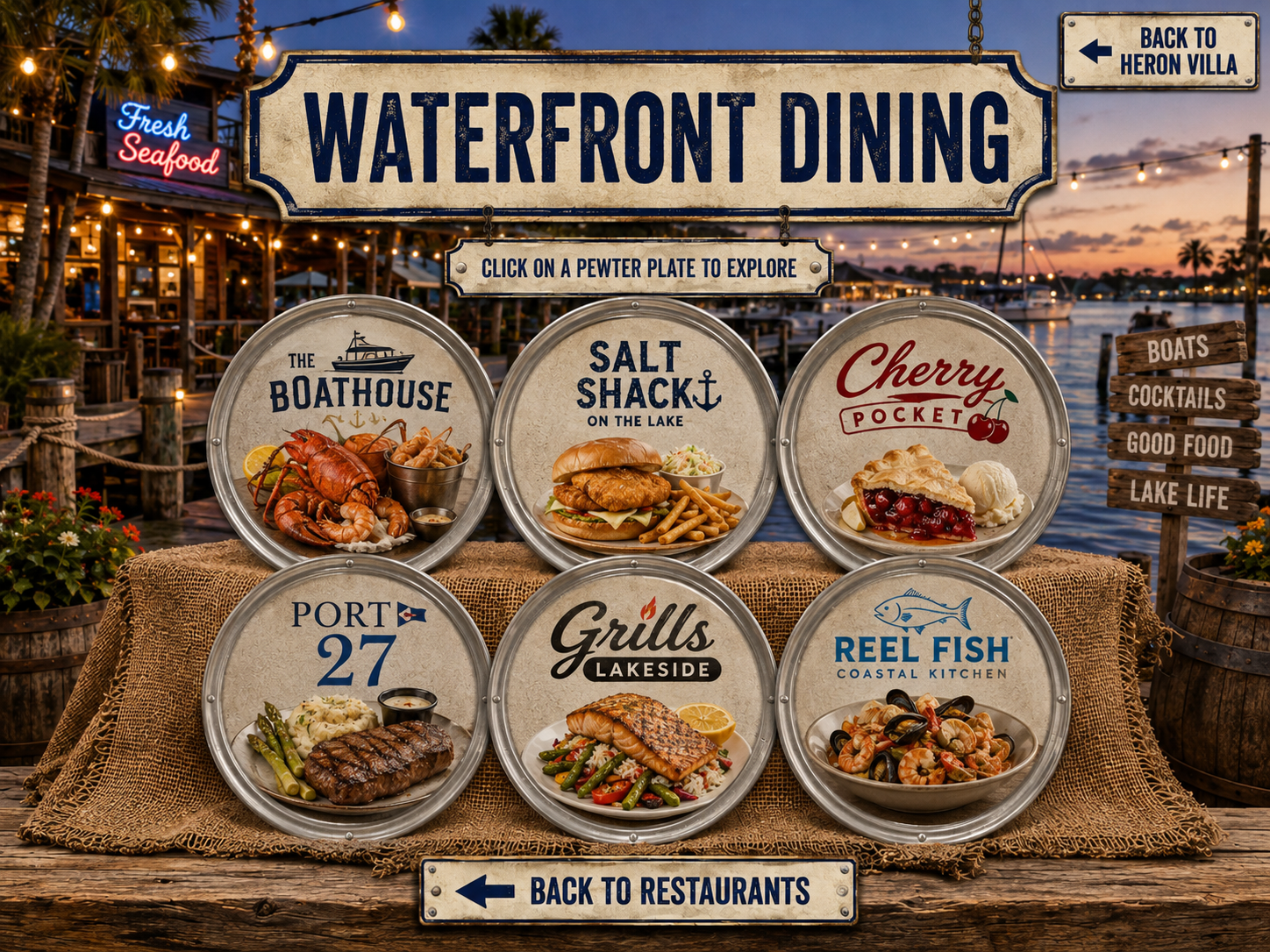 Waterfront Dining with six featured restaurant pewter plates on hessian